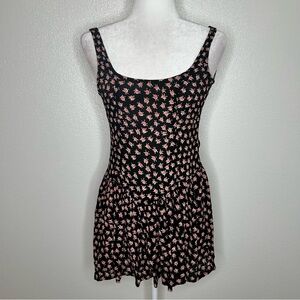 Brandy Melville Black Floral Scoop Neck Fit & Flare Mini Dress One Size XS